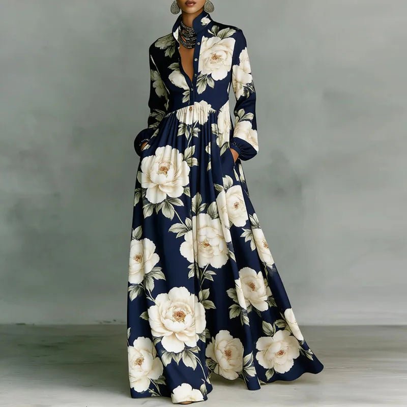 Women's Printed Boho Maxi Shirt Dress with Stand Collar and Button Front - photo 3