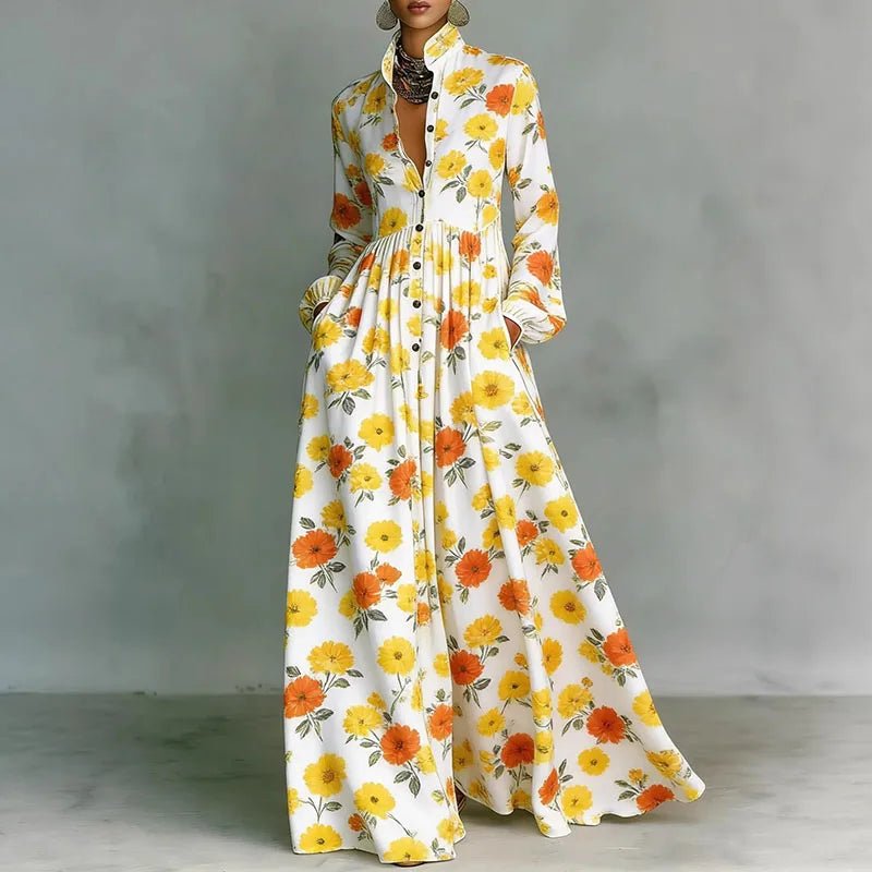 Women's Printed Boho Maxi Shirt Dress with Stand Collar and Button Front - photo 8