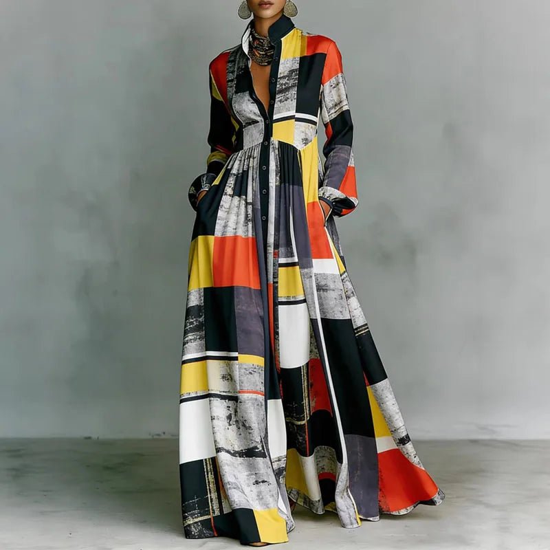 Women's Printed Boho Maxi Shirt Dress with Stand Collar and Button Front - photo 7