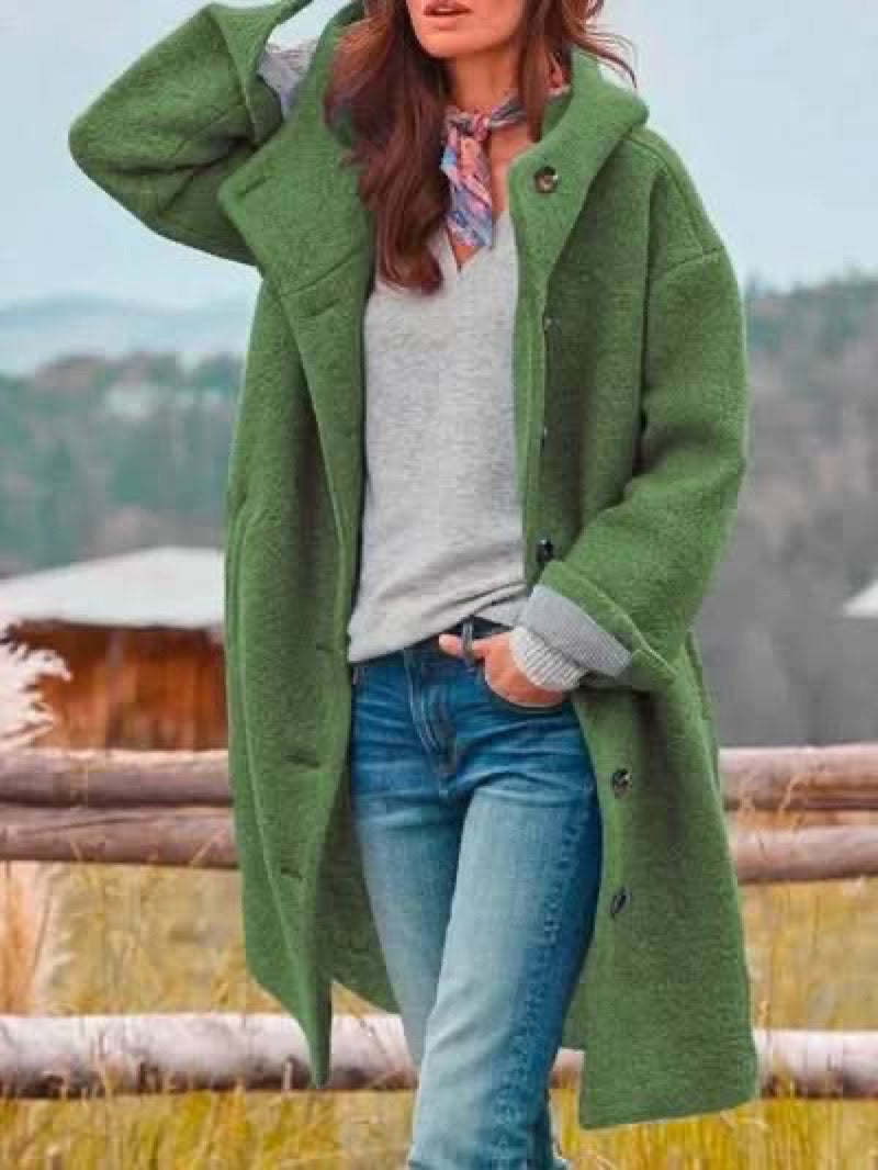 Women's Hooded Coat with Button Front and Pockets - Green