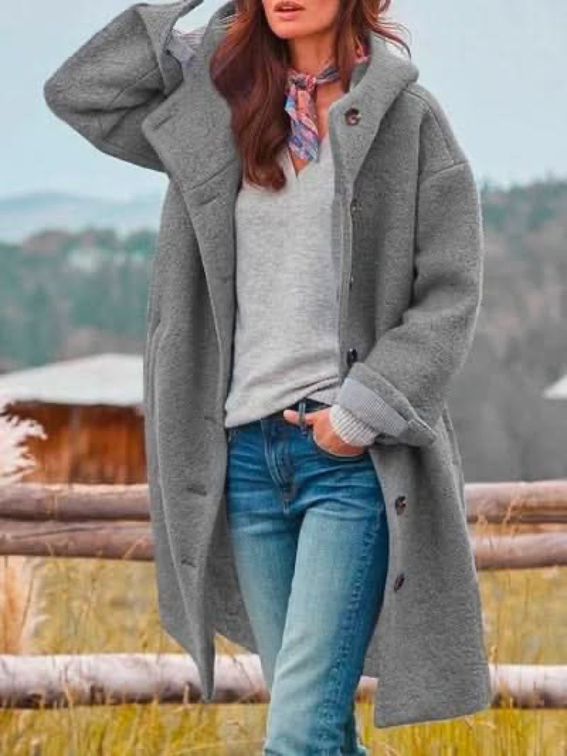 Women's Hooded Coat with Button Front and Pockets - Grey