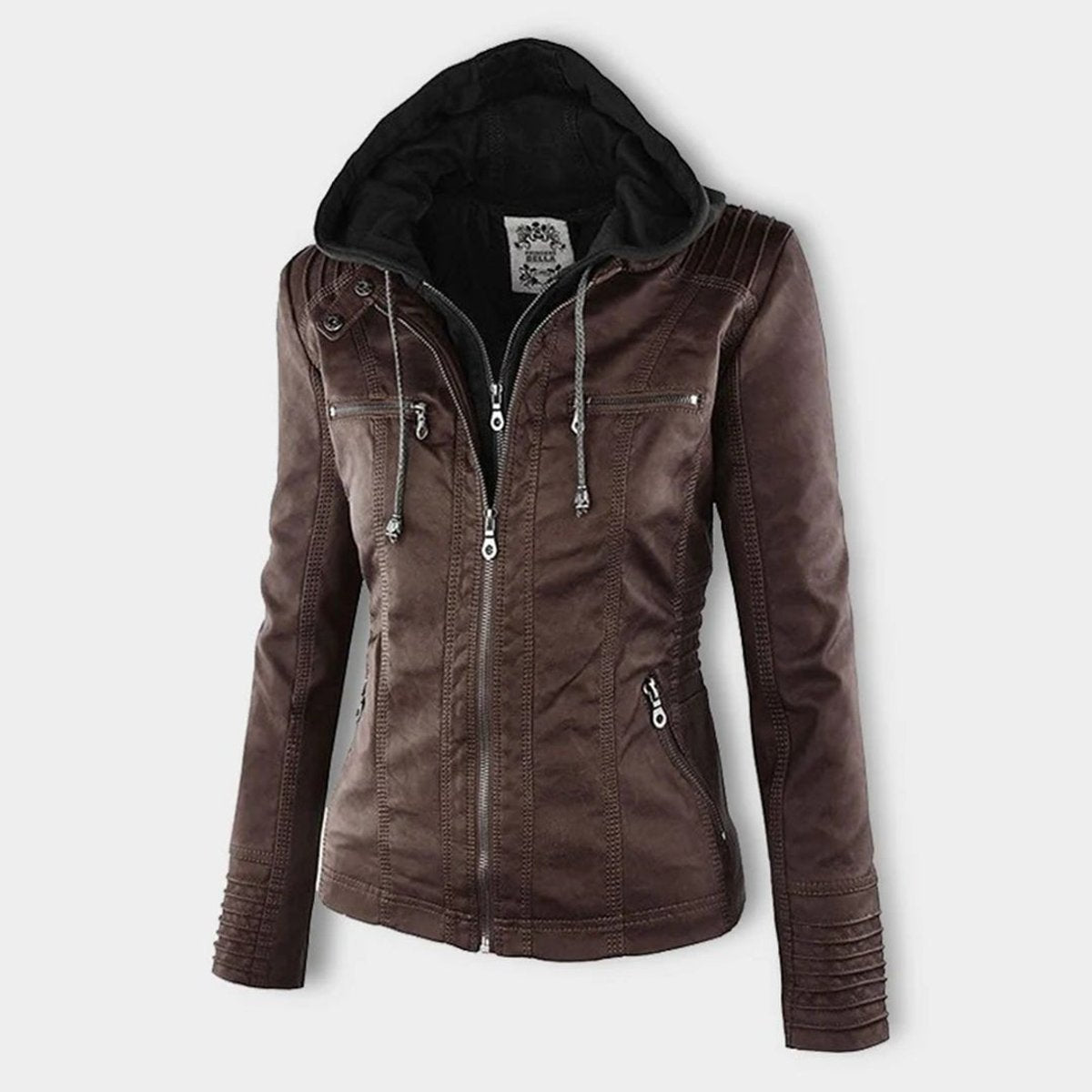 Charlotte - Women's Faux Leather Moto Coat with Removable Hood - photo 13
