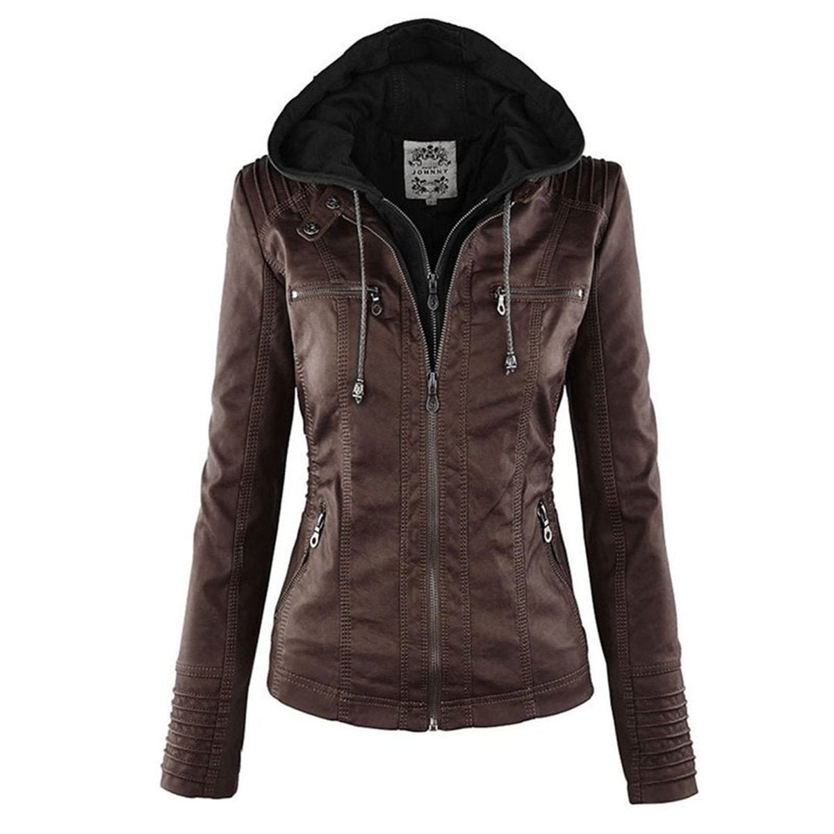 Charlotte - Women's Faux Leather Moto Coat with Removable Hood - photo 6