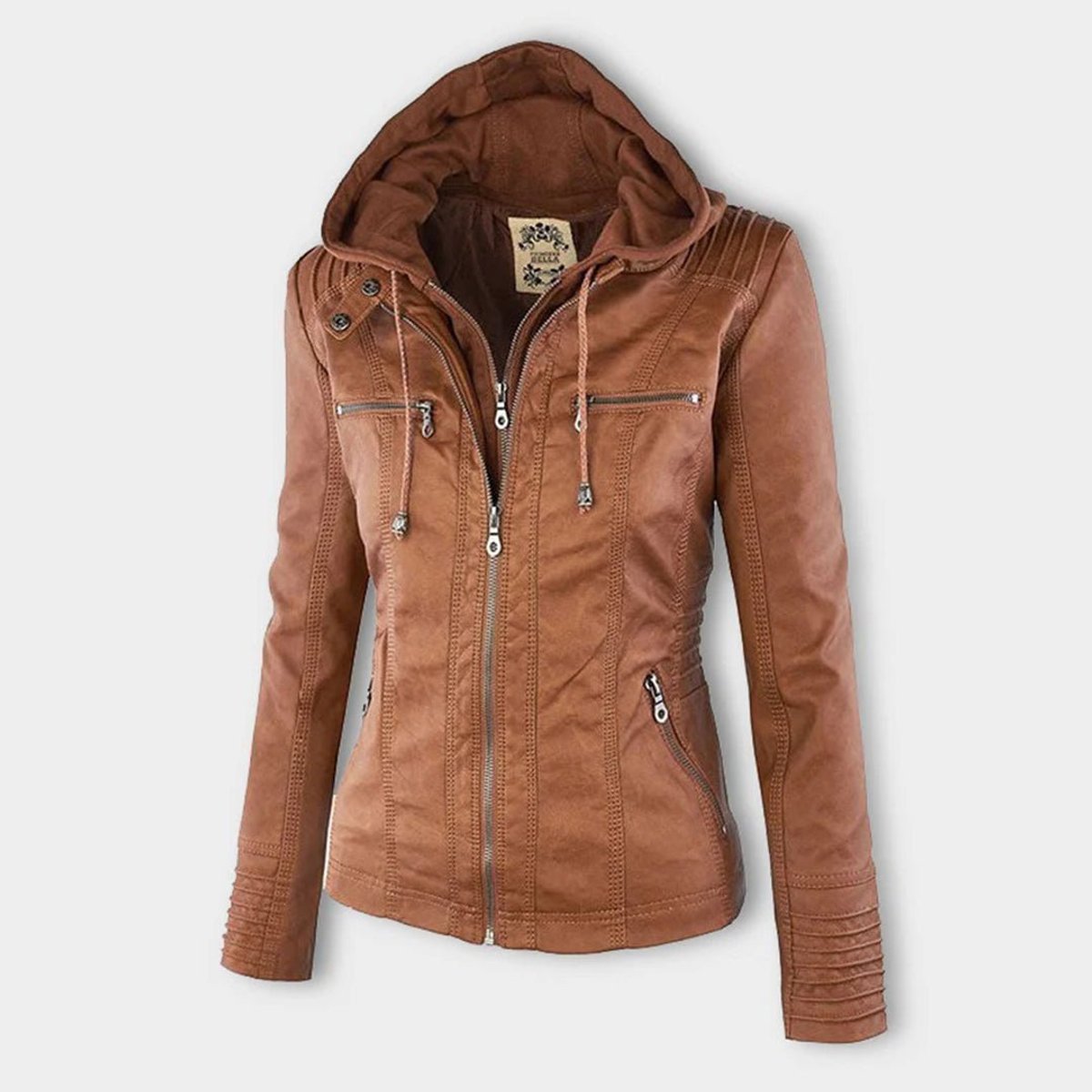 Charlotte - Women's Faux Leather Moto Coat with Removable Hood - photo 7