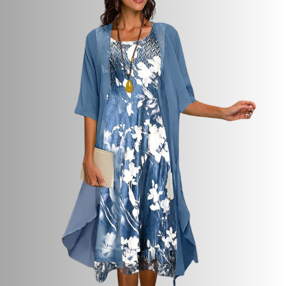 Women's Layered Midi Dress Set with Sheer Cardigan