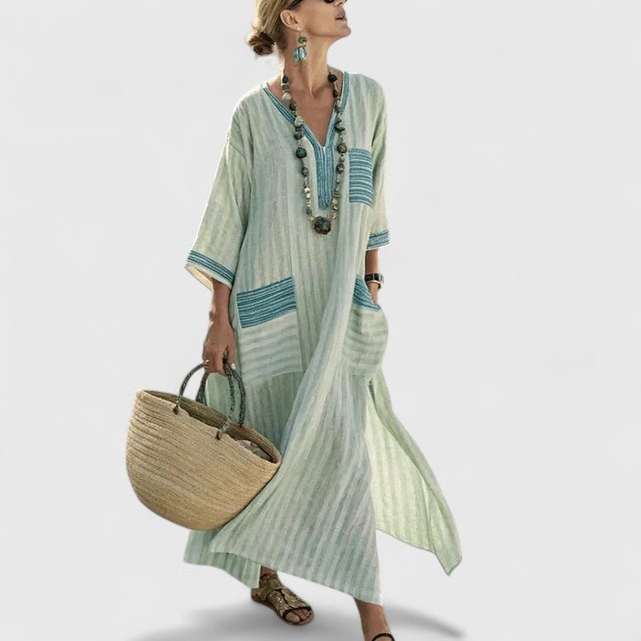 Camila - Women's Linen Maxi Dress V-Neck Striped 3/4 Sleeve Pockets - photo 1