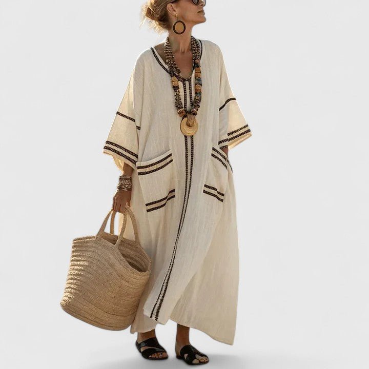 Camila - Women's Linen Maxi Dress V-Neck Striped 3/4 Sleeve Pockets - photo 2