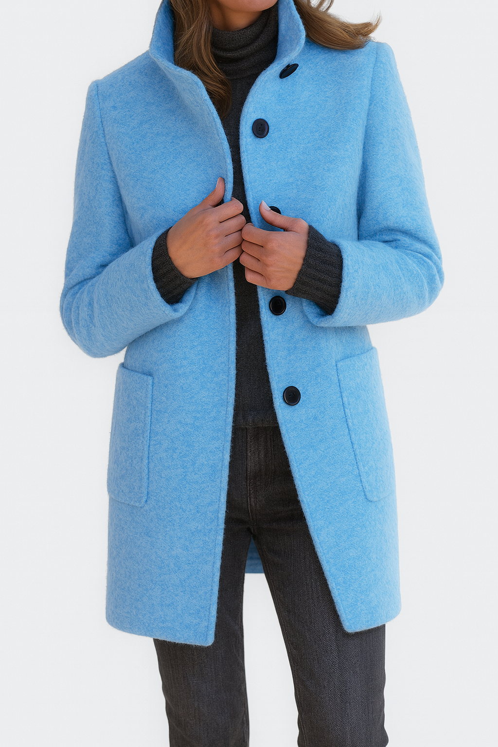 Minerva - Women's Textured Coat with Stand Collar and Button Front - Sky Blue