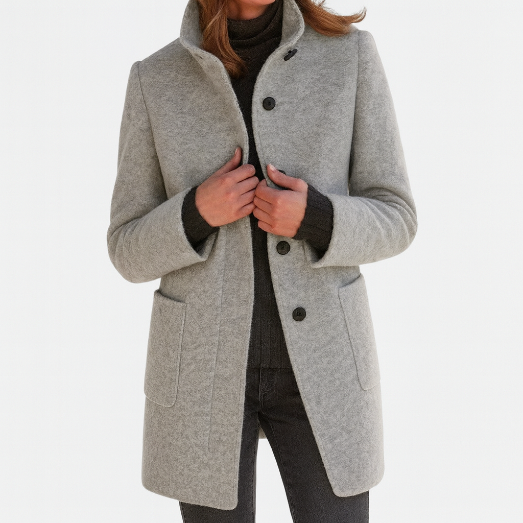 Minerva - Women's Textured Coat with Stand Collar and Button Front - Grey