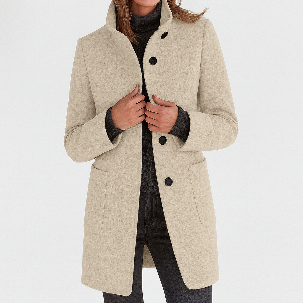 Minerva - Women's Textured Coat with Stand Collar and Button Front - Beige