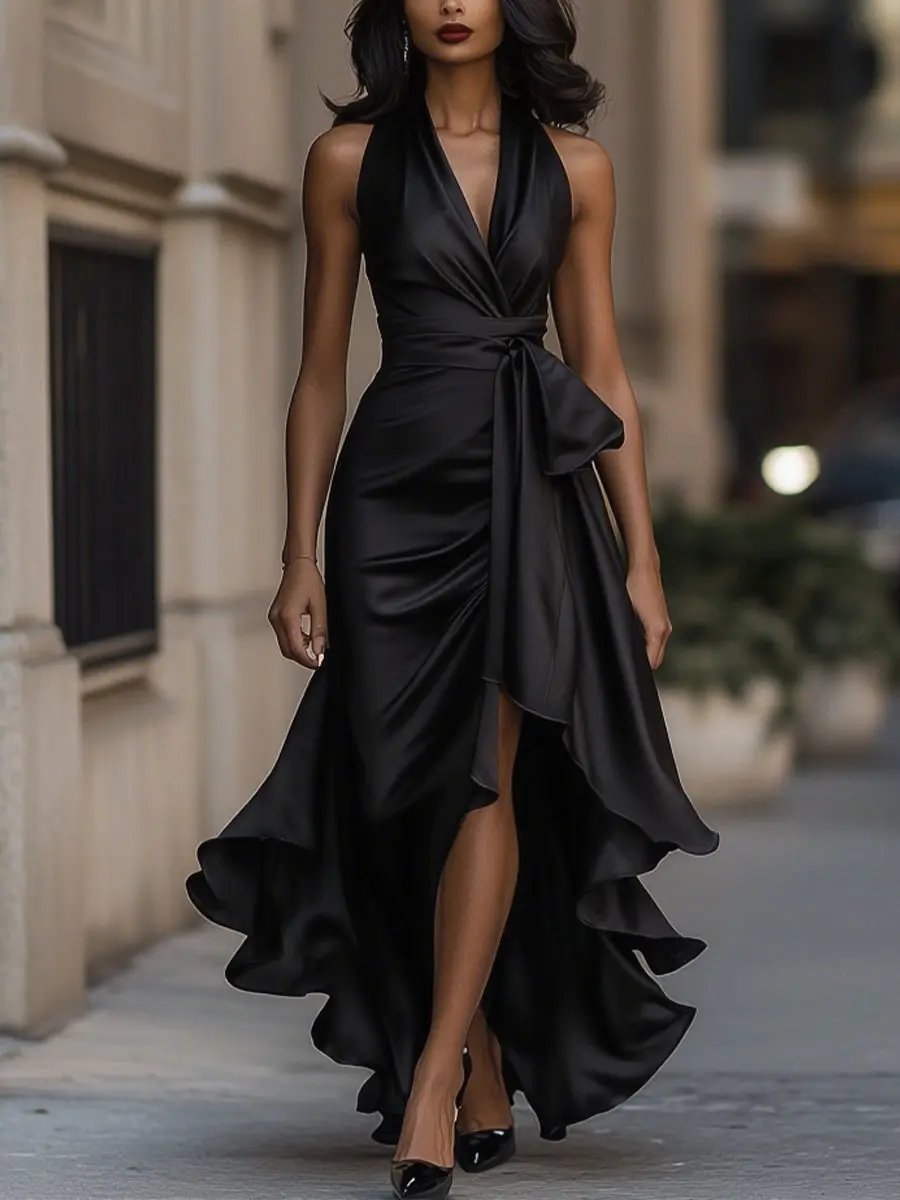 Women's Halter Wrap Maxi Evening Dress with Ruffle Hem - photo 1