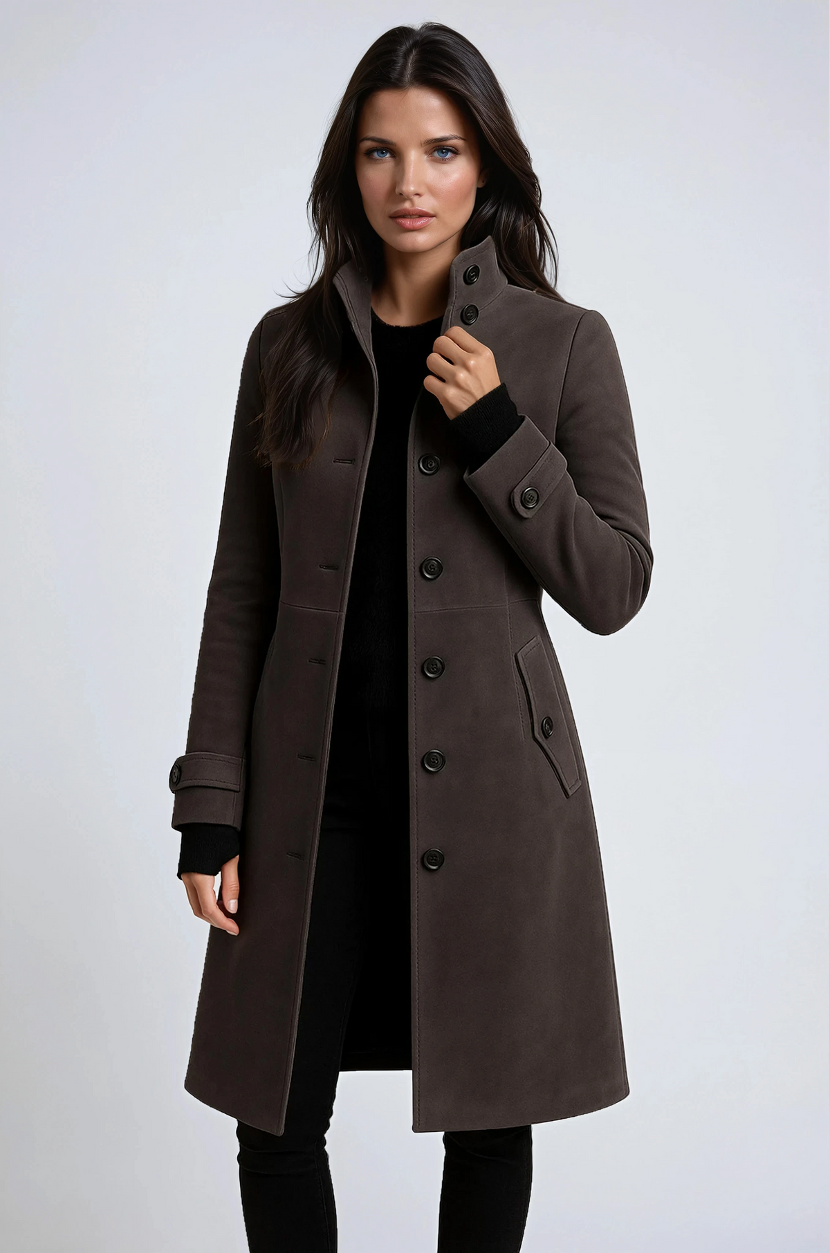 Madge - Cappotto lungo da donna con collo alla coreana e tasche con patta - Marrone scuro