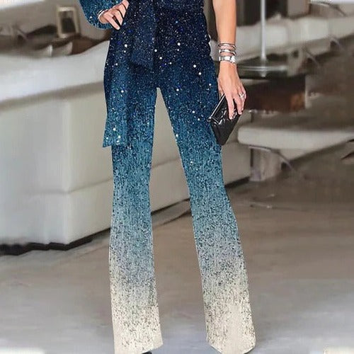 Women's One-Shoulder Ombre Flared Disco Jumpsuit - photo 3