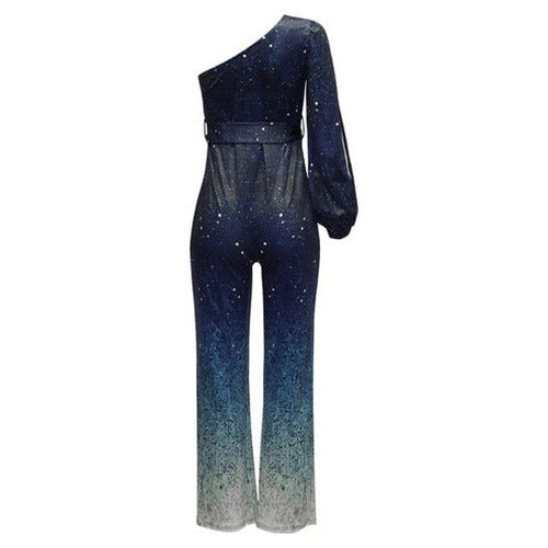 Women's One-Shoulder Ombre Flared Disco Jumpsuit - photo 4