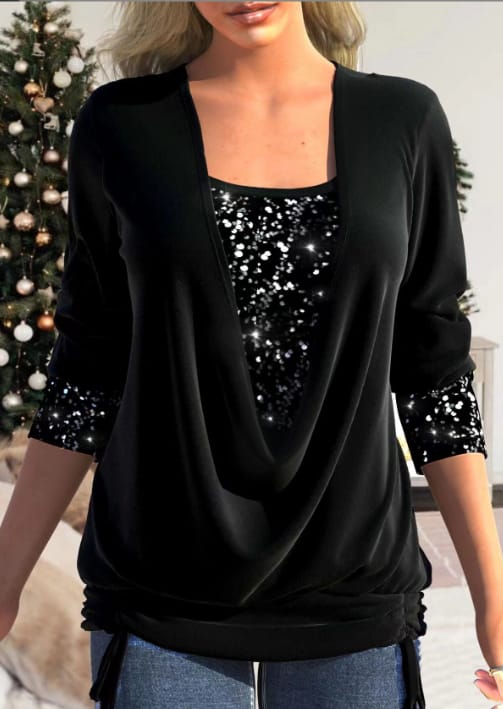 Joy - Women's Sequin Party Top with Draped Front