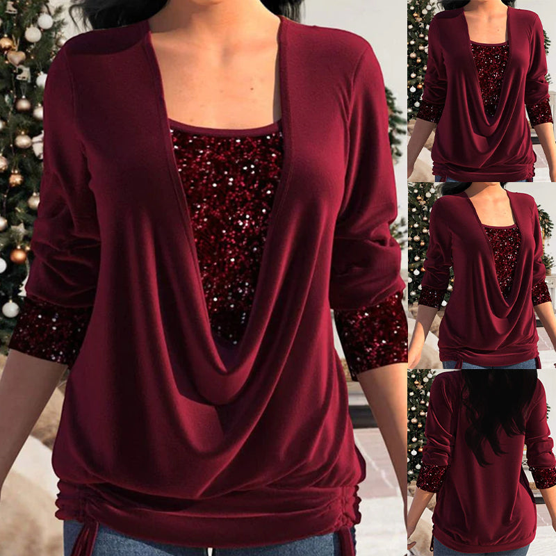 Joy - Women's Sequin Party Top with Draped Front