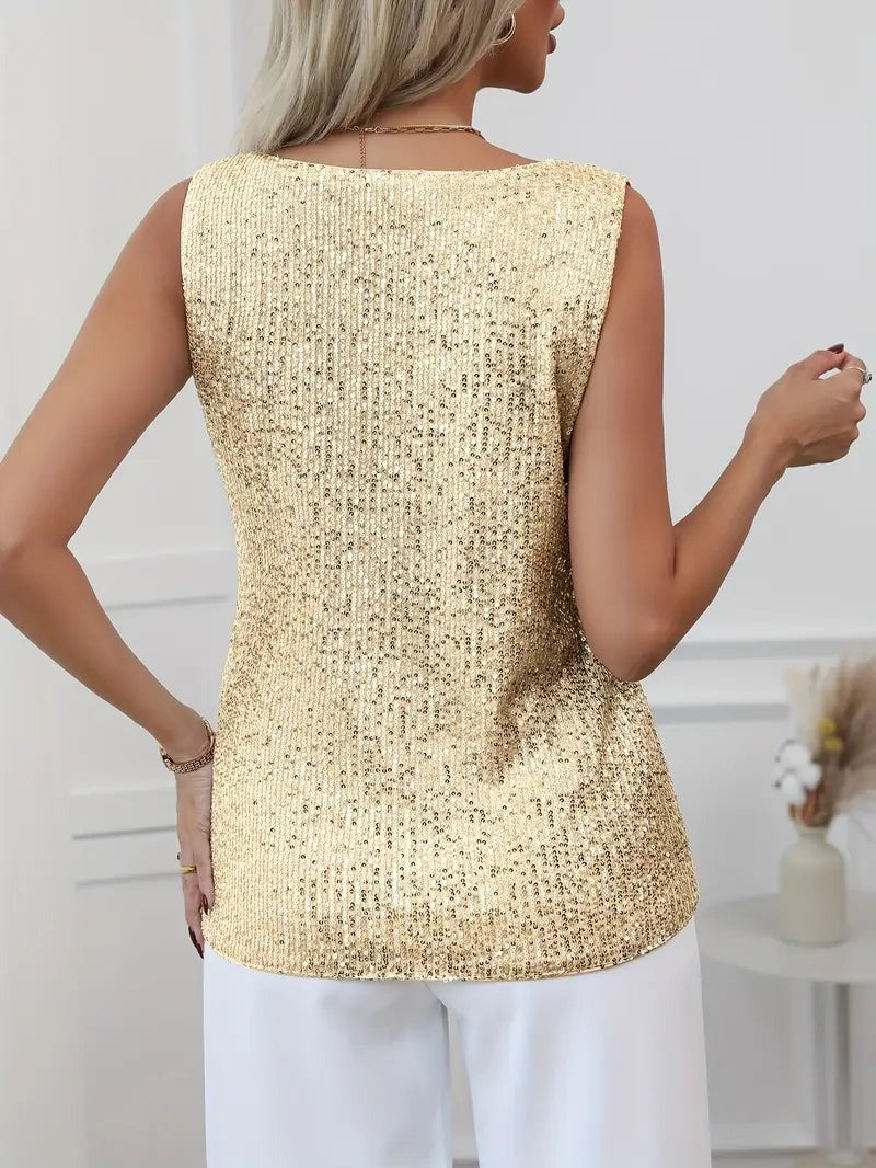 Women's Sparkling V-Neck Top Sleeveless Elegant Evening Blouse
